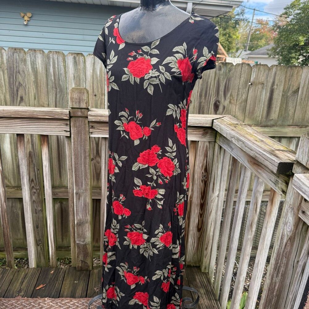 Vintage Ms. Choice California Black Red Rose Floral Short Sleeve Maxi Dress Size